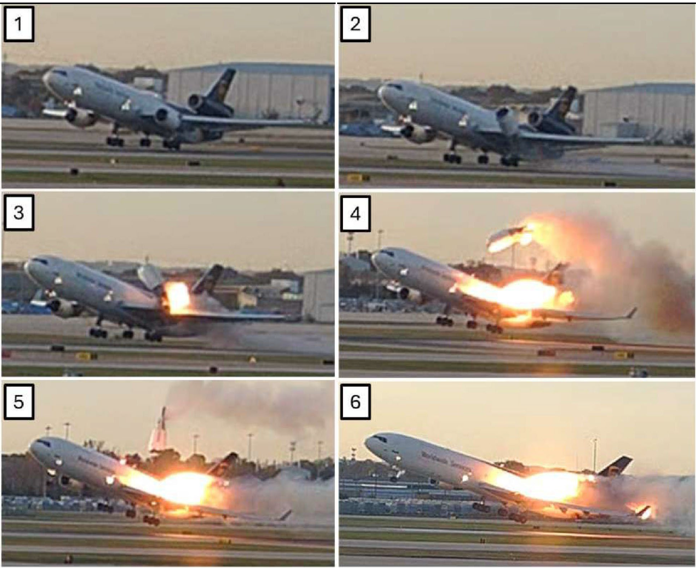 Imagens estáticas de um vídeo de vigilância aeroportuária mostrando a separação do motor esquerdo e do pilone esquerdo da asa esquerda. (Fonte: UPS)